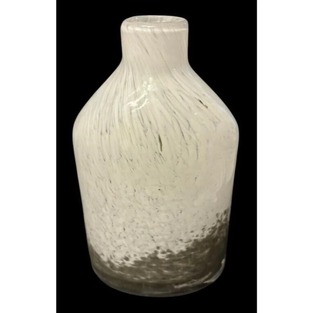 3pc Hand Blown Art Glass Vase Bottle Swirl White & Gray Mottled Set Heavy Decor